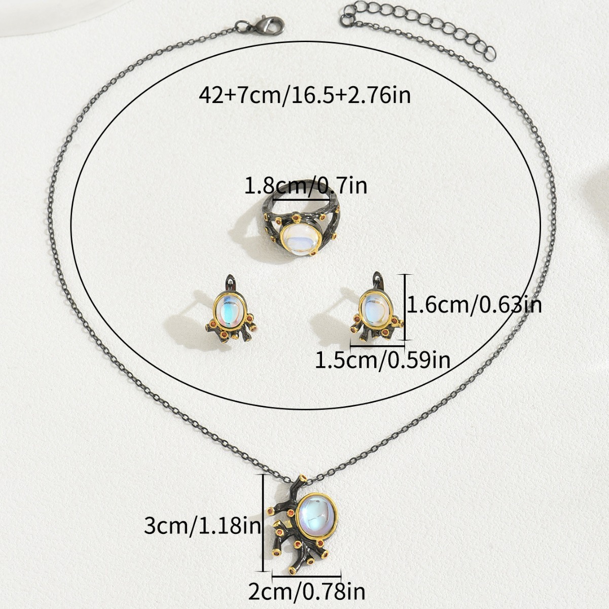 Style Women's Necklace And Ring Jewelry Set Inlaid Moonlight Design Sense Earrings