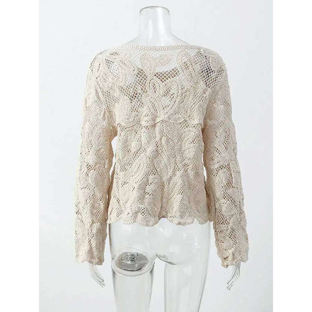 Elegant Beige Casual Hollow Out Shirts Women's Vintage Hook Floral Lace Long Sleeve Button Blouse French Tops Blouses Clothes