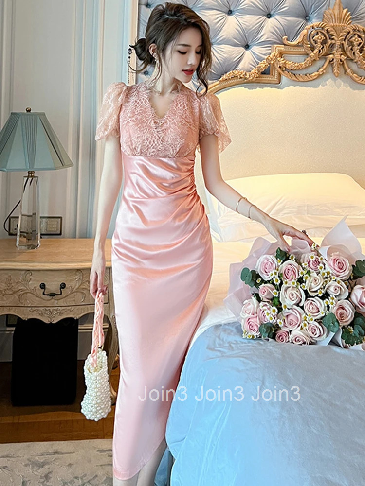 Summer Fashion Elegant Women Evening Dress Chic Satin Puff Sleeve Midi Party Prom Robe Femme Mujer Vestidos Fiesta Boda Invitada