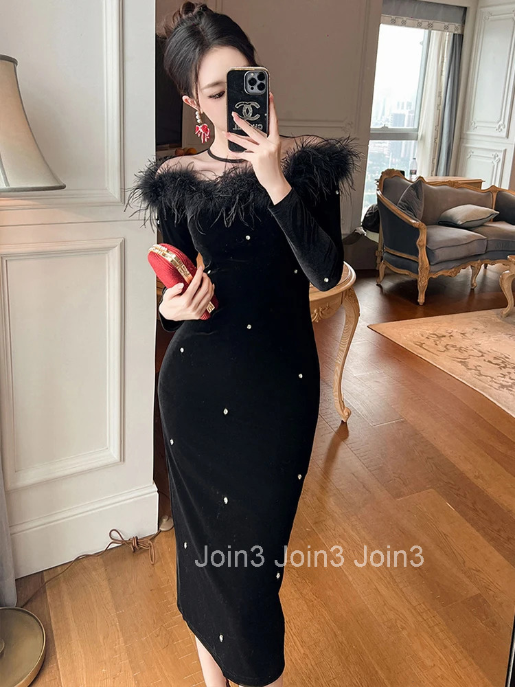 Winter Fashion Elegant Black Velvet Feather Evening Dress Women Clothes Sheer Sexy O-Neck Skinny Midi Robe Party Prom Vestidos