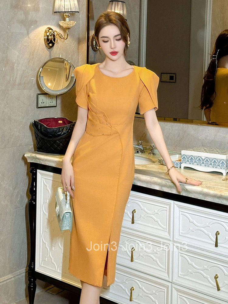 Elegant Office Summer Business Evening Dress Women Clothes Formal Occasion Solid O-Neck Slim Party Prom Vestidos Fiesta Fashion