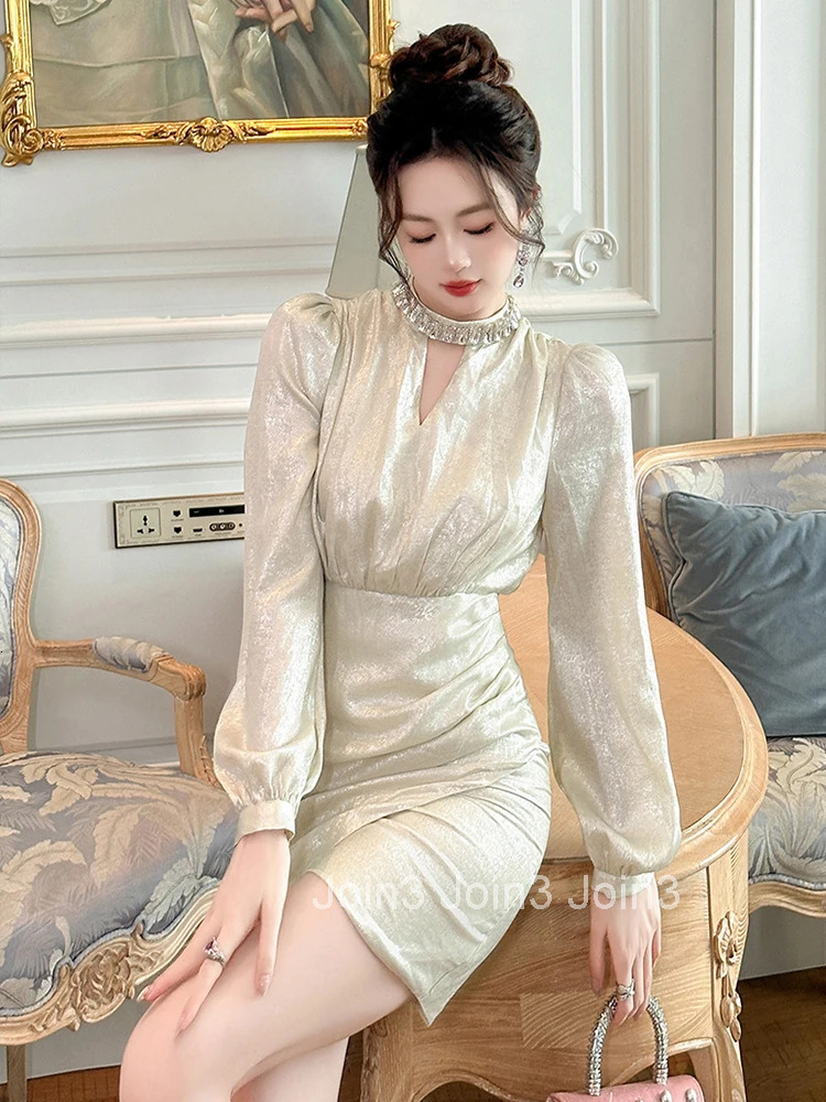 New Autumn Winter Fashion Elegant Luxury Asymmetrical Short Dress Women Clothes Hollow Sexy Puff Sleeve Slim Party Prom Vestidos