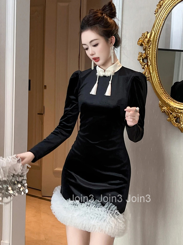 Women Clothes Sweet Black Ruffle Stand Neck Slim Mini Short Dress Elegant Evening Party Vestido Fashion Autumn Winter Casual New