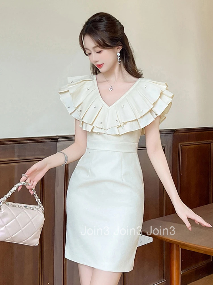 New Summer French Elegant Birthday Evening Dress Women Clothes Sweet Ruffle V-Neck Slim Pencil Short Party Prom Vestidos Commute