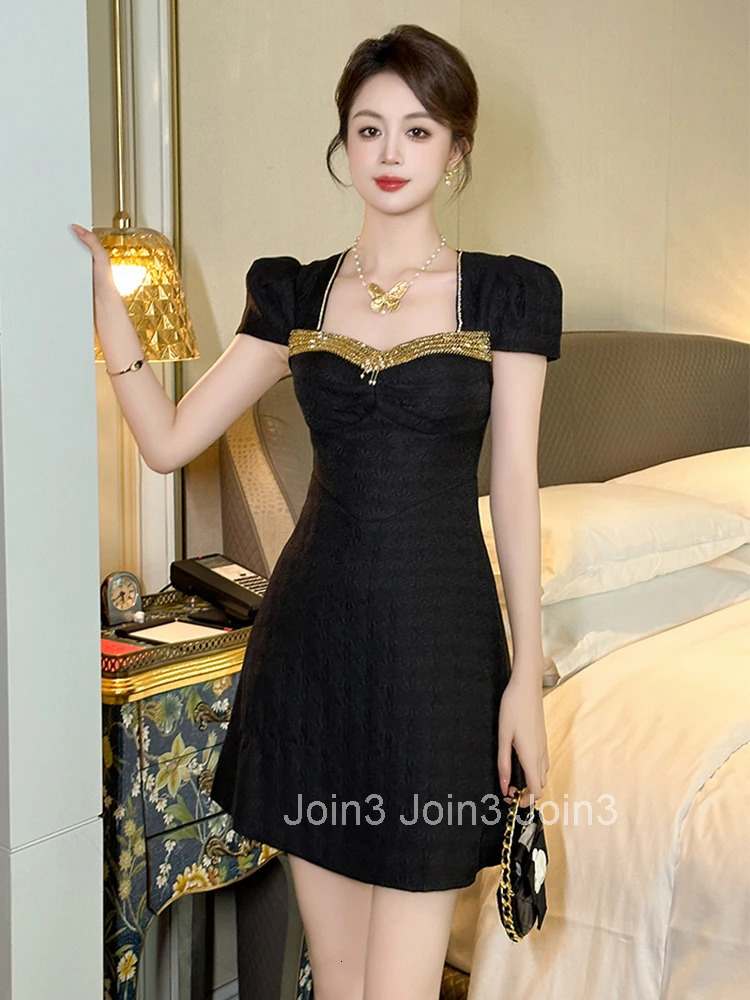 Summer Black Square Collar Gown Evening Dress Women Clothes Elegant Retro Puff Sleeve Slim A-Line Short Party Club Prom Vestidos