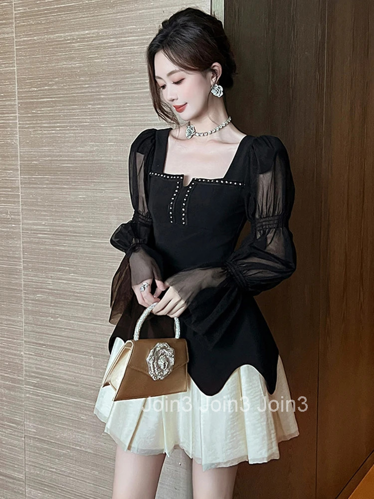Autumn Fashion Casual Black Square Collar A-Line Short Dress Women Clothes Retro Puff Sleeve Slim Mini Party Club Prom Vestidos