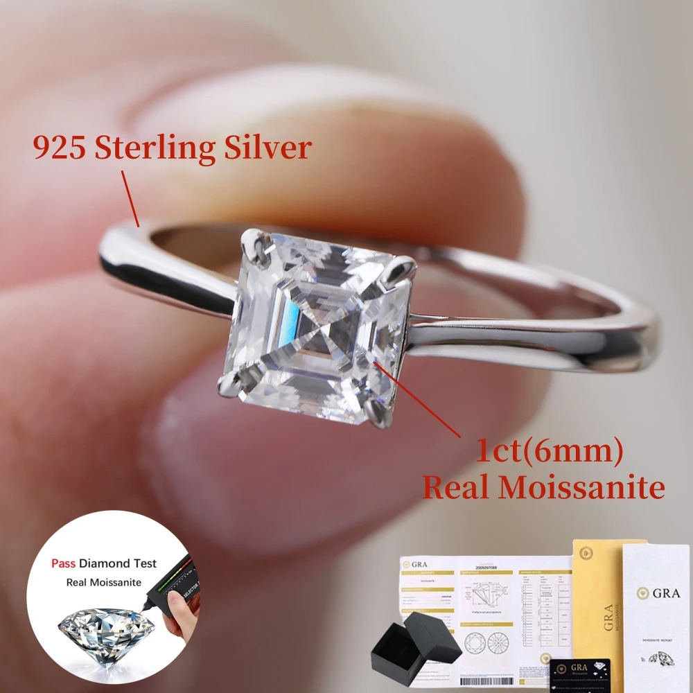 1CT Real Rings For Women 925 Sterling Silver Asscher Cut iamond Engagement Wedding Band Fine Jewelry Gift GRA 250617