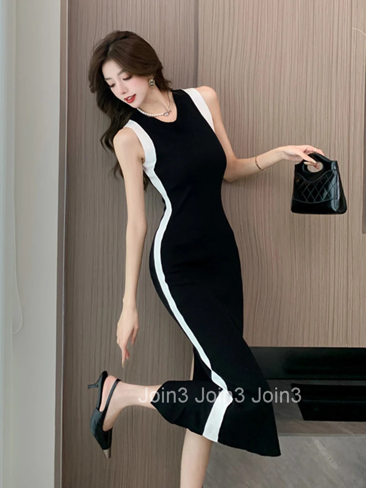 Women Street Clothes Black Knitted Sexy O-Neck Sleeveless Skinny Stretchy Dress Elegant Fashion Vestidos Robe Casual Summer New