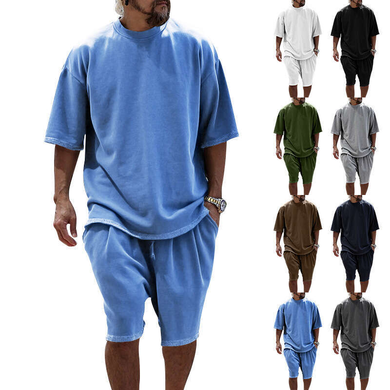 25 European and American Foreign Trade Plus Size Casual Loose Short Sleeve T-Shirt Spring Summer Shorts Solid Color Men's Set