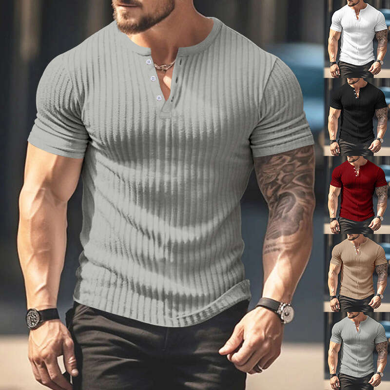 European and American Solid Color Men's New Summer Versatile Short Sleeve Foreign Trade Henley Shirt Fashion Hot Selling Cross-border Casual Knit