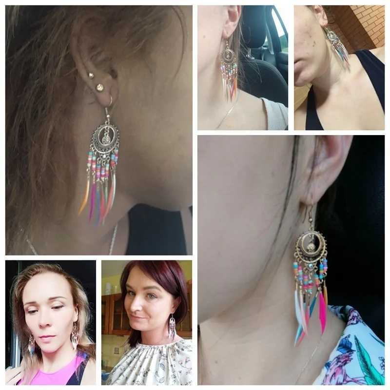 Bohemian Feather Earrings 2024 Ethnic Vintage Rainbow Colorful Beads Feather Tassel Earrings For Women Ethnic Jewelry XJ250623