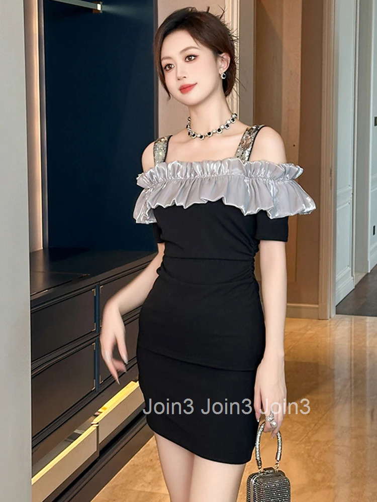 Women Clothes Sweet Ruffle Black Sexy Sequin Sling Folds Slim Short Dress Elegant Fashion Evening Party Prom Vestidos Casual New