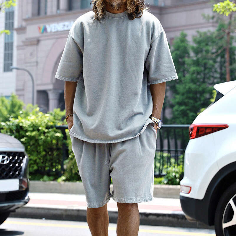 25 European and American Foreign Trade Plus Size Casual Loose Short Sleeve T-Shirt Spring Summer Shorts Solid Color Men's Set