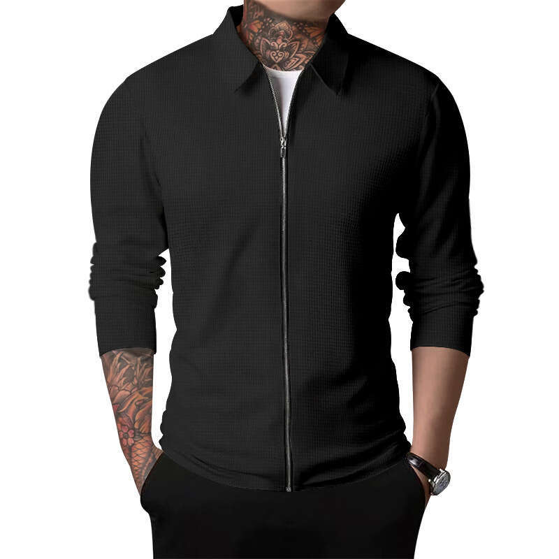 Cross-border Cardigan Men Autumn New Zipper Coat Casual Men's Long Sleeve Turn-down Collar Waffle Jacket