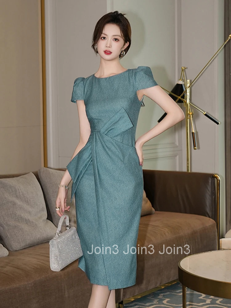 New Summer Fashion Work Style Formal Occasion Pencil Dress Women Clothes Commute Retro Solid Bow Short Sleeve Slim Party Vestido