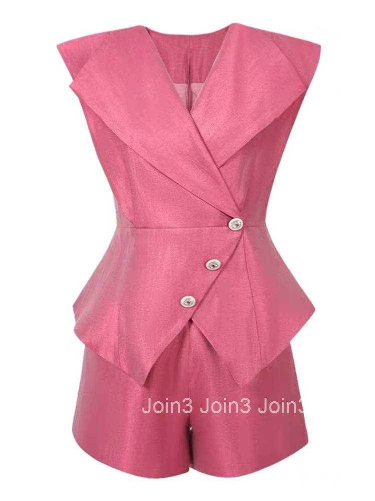 New Summer Formal Casual 2 Pieces Outfit Women Clothes Elegant Sleeveless Tops Shirt Blouse And High Waist Shorts Mujer Slim Set