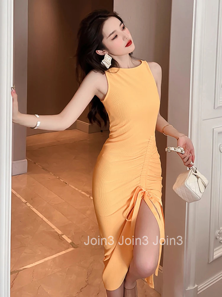 New Korean Women Evening Dress Temperament Casual Yellow Sexy Tank Folds Slit Midi Party Prom Vacation Robe Femme Mujer Vestidos