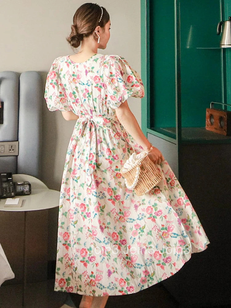 Korean Summer Elegant Women Long Dress Mujer Floral Print Puff Sleeve Maxi Dresses Party Beach Ladies Streetwear Robe Vestidos
