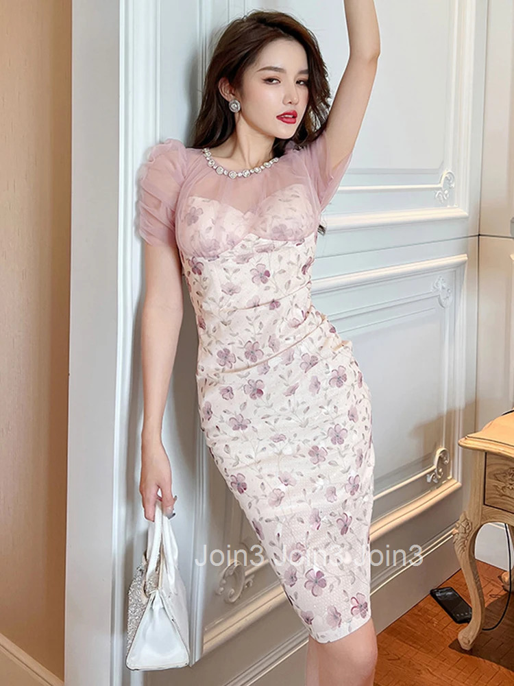 Korean Elegant Women Evening Dress High Quality Chic Temperament Sweet Mesh Sheer Sexy Slim Midi Party Prom Beach Mujer Vestidos