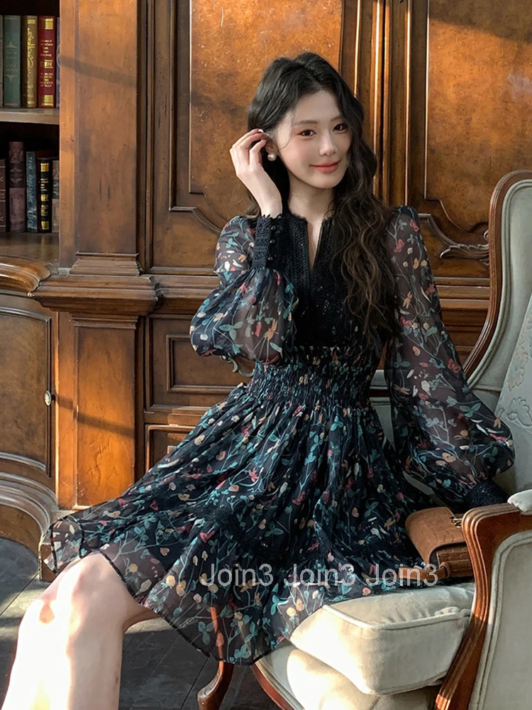 French Style Fashionable Retro Dress Women Cute Print Lace High Waist Ball Gown Lady Coffee Break Street Vestido Holiday Clothes