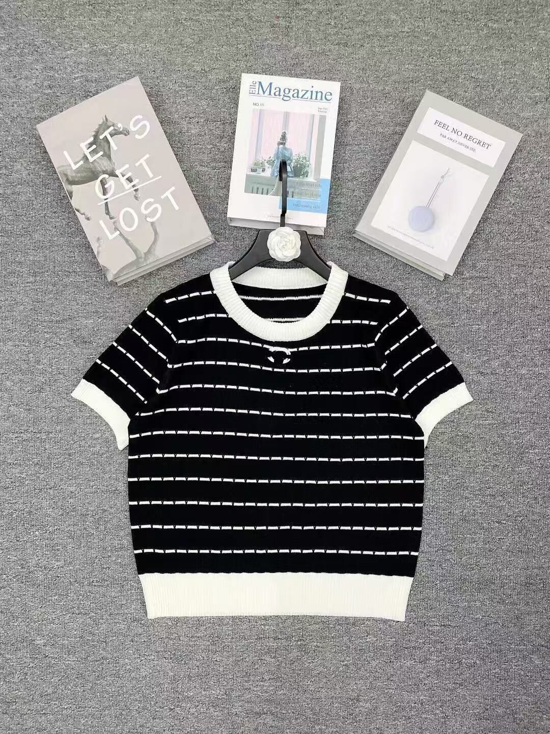 Women short sleeve o-neck stripe color block logo embroidery knits designer tees SMLXL