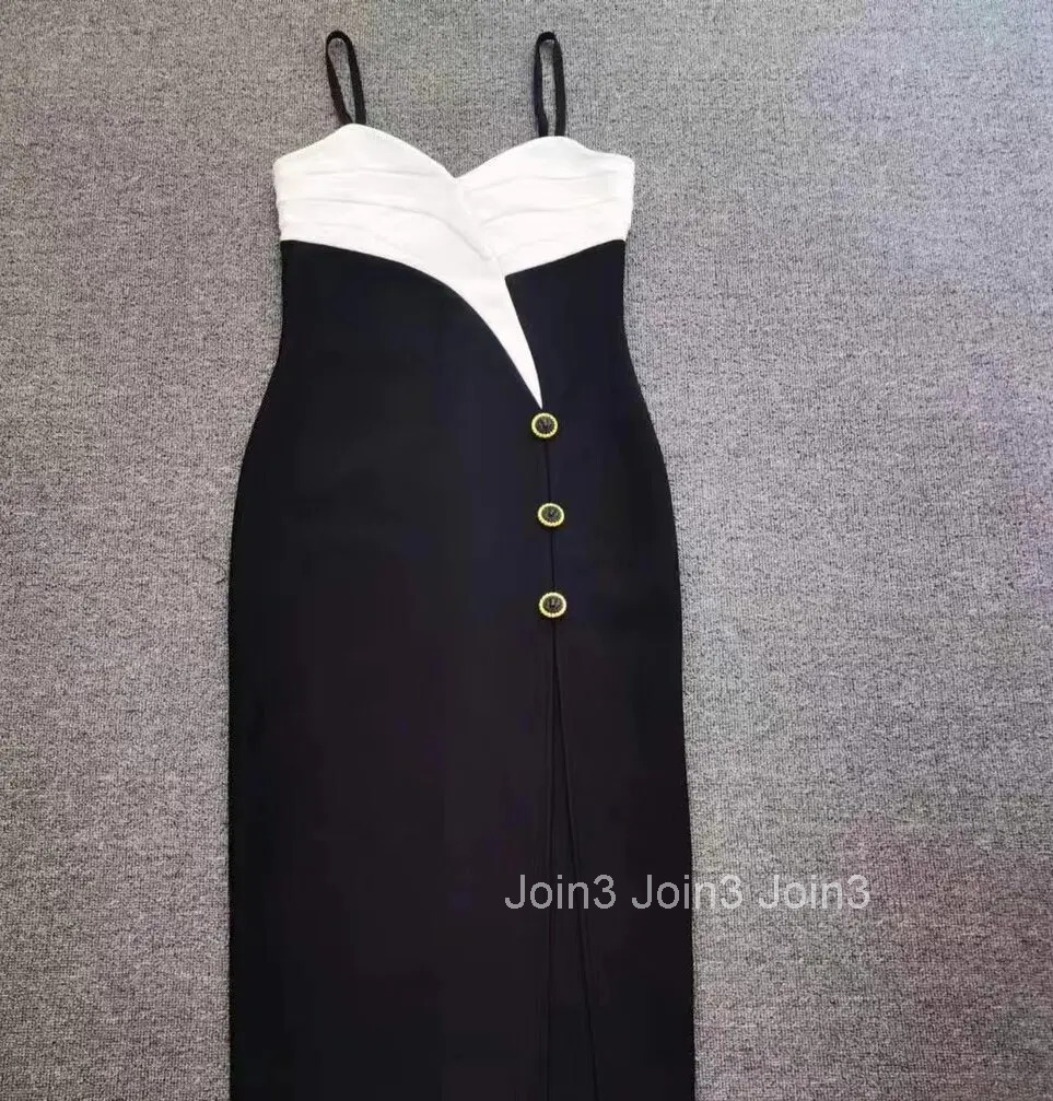 Womens Clothing Chic Sling Skirt Black Bandage Slim Vestidos Fashion Button Decoration Long Dress V-neck Sleeveless Casual Wear
