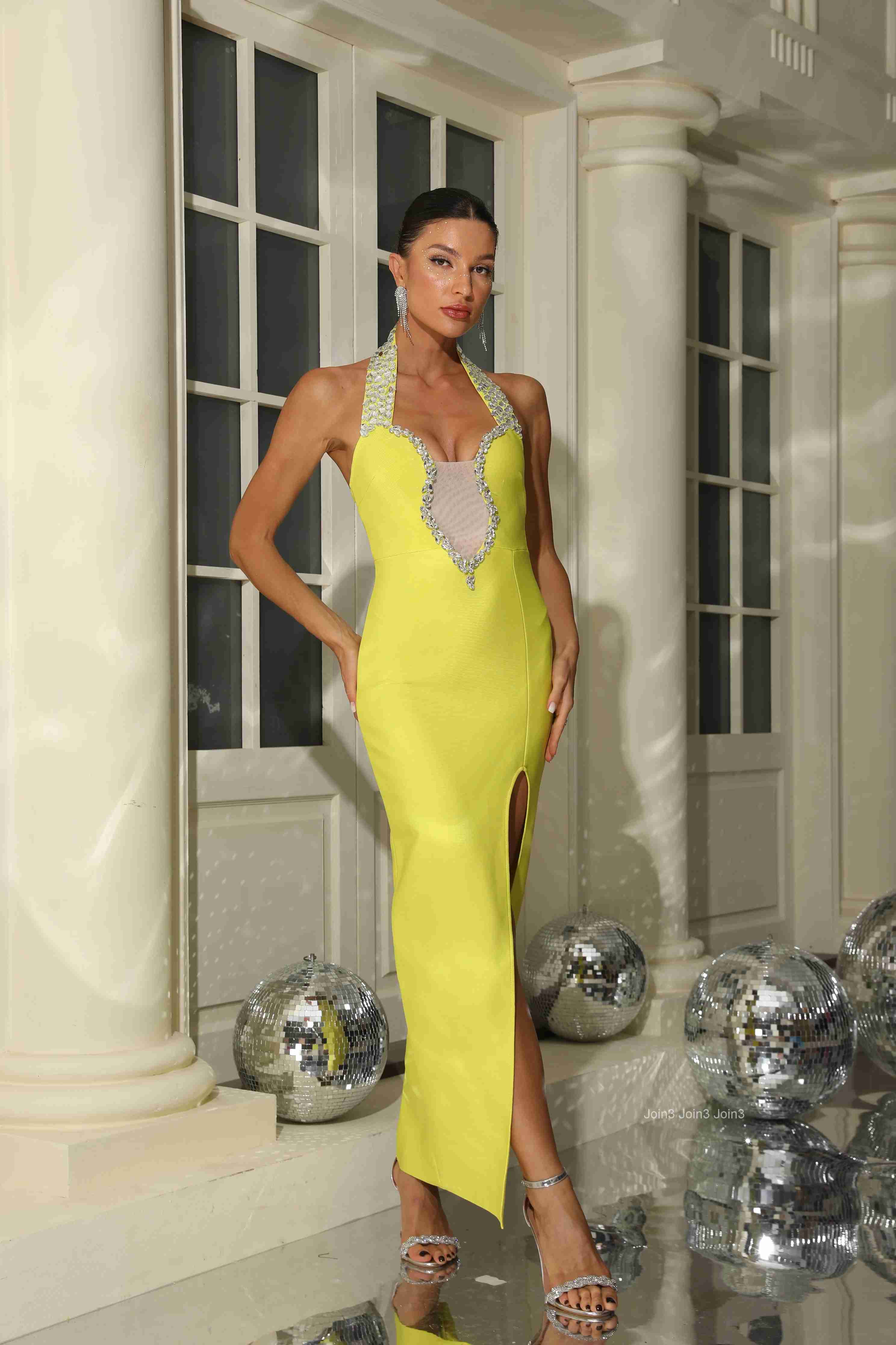 Autumn New Style Bandage Dress For Women Sexy Gauze Backless Slit Diamonds Long Skirt Celebrity Vestidos Evening Party Clothing