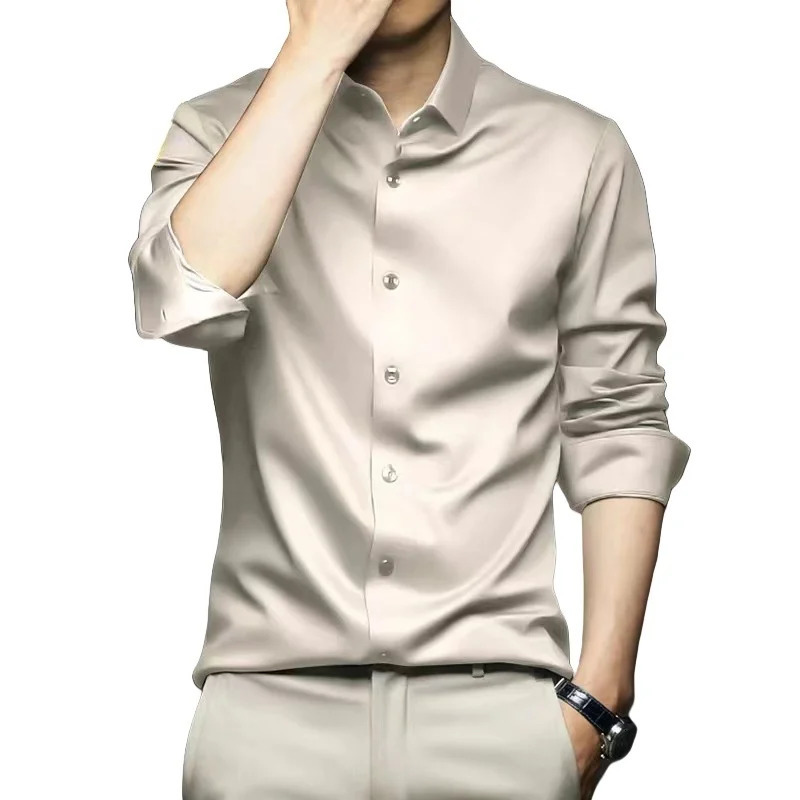 Spring Autumn Mens Long Sleeve Professional Dress Shirt Solid Color Fashion Business Casual Ice Silk Slim Fit Workwear Shirts 250618