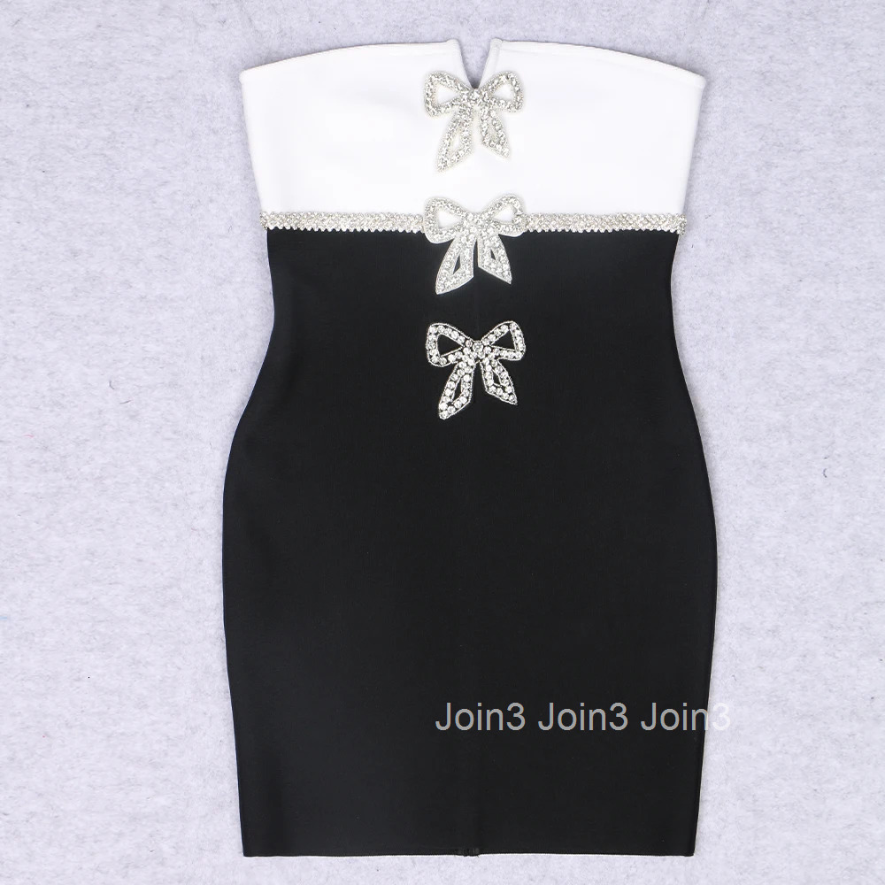New Women Chest Wrapping Style Backless Bandage Dress Black and White Color Matching Diamond Embellished Bow Evening Party Gown