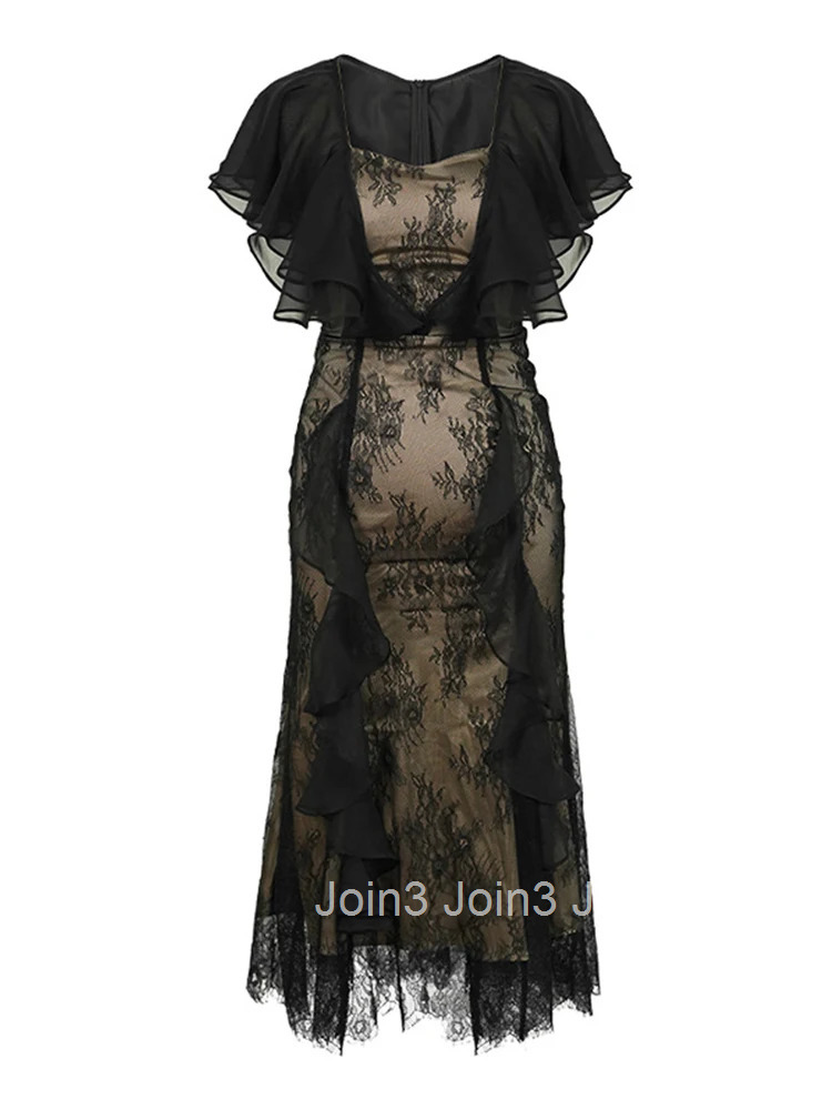 Summer Evening Dress Women Elegant Chic Lace Black Butterfly Sleeve Slim Midi Party Club Mujer Robe Femme Vestido Street Clothes