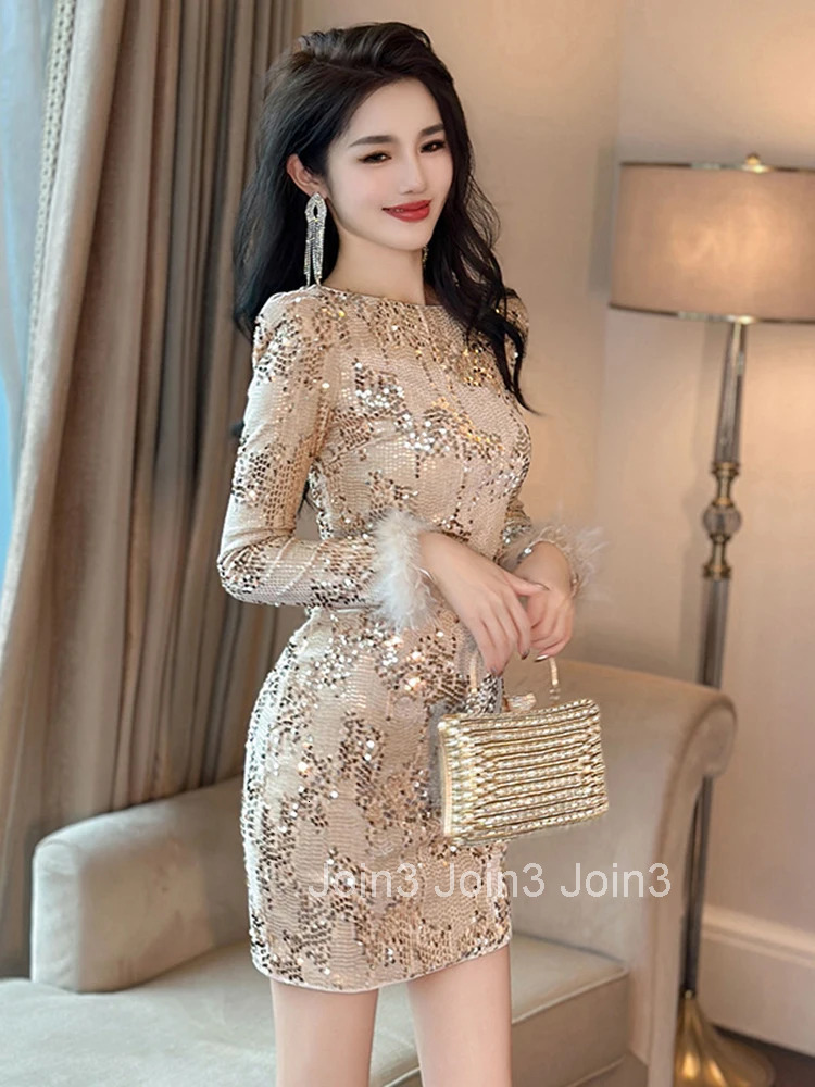 New Fashion Velvet Sequins Evening Short Dresses Women Clothing Elegant Chic O-Neck Skinny Mini Party Prom Dress Mujer Vestidos