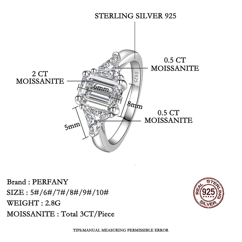 PERFANY 3CT Emerald Cut All Ring S925 Pure Silver Laboratory Cultivate Diamonds Wedding Jewelry Gifts 250617