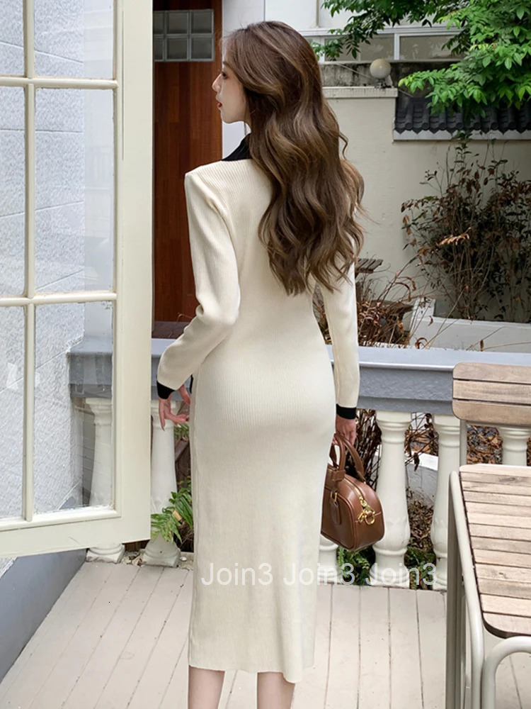 New Autumn Winter Knitted Stretchy Dress Women Elegant Lady Sweater Casual V-Neck Skinny Midi Robe Mujer Vestidos Street Clothes