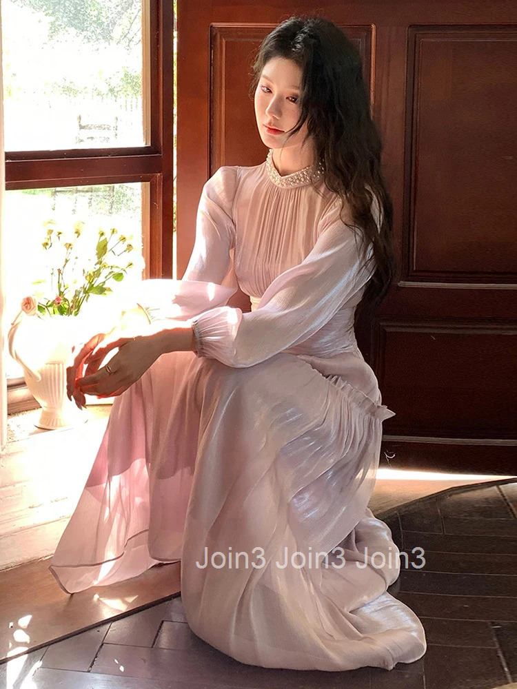 French Romance Vacation Evening Dress Women Clothes Sweet Fairycore Pearl Folds Maxi Robe Birthday Party Holiday Vestidos Spring