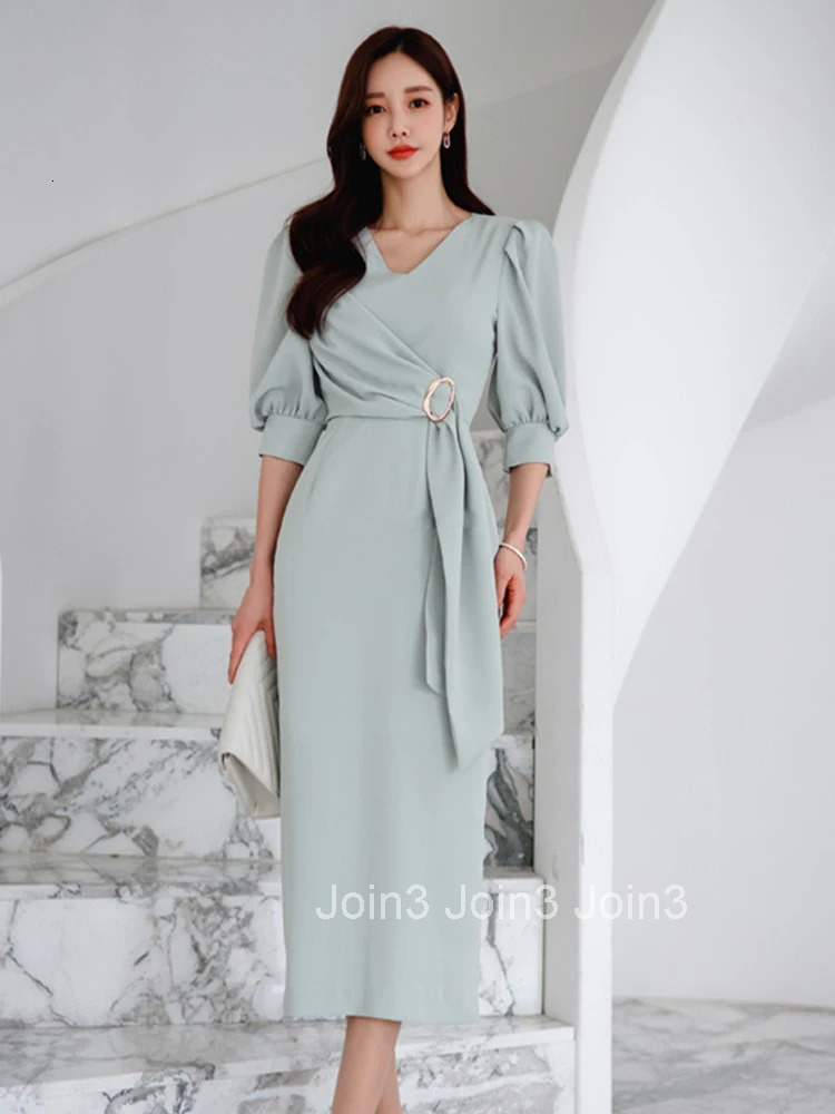 Elegant Office Lady Women Dress Temperament Chic Casual Ribbon V-Neck Slit Midi Party Work Style Street Robe Femme Mujer Vestido