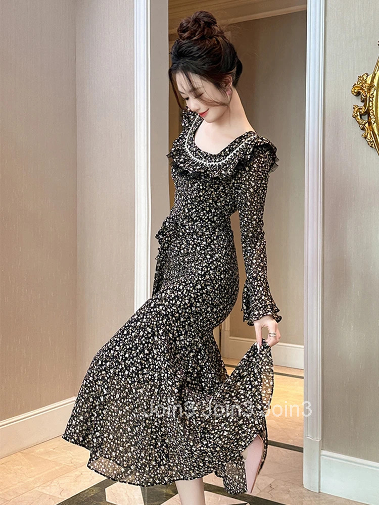 New Autumn Fashion Chiffon Floral Elegant Ruffle Long Dress Women Clothes Casual Sweet Flare Sleeve Slim Robe Party Prom Vestido