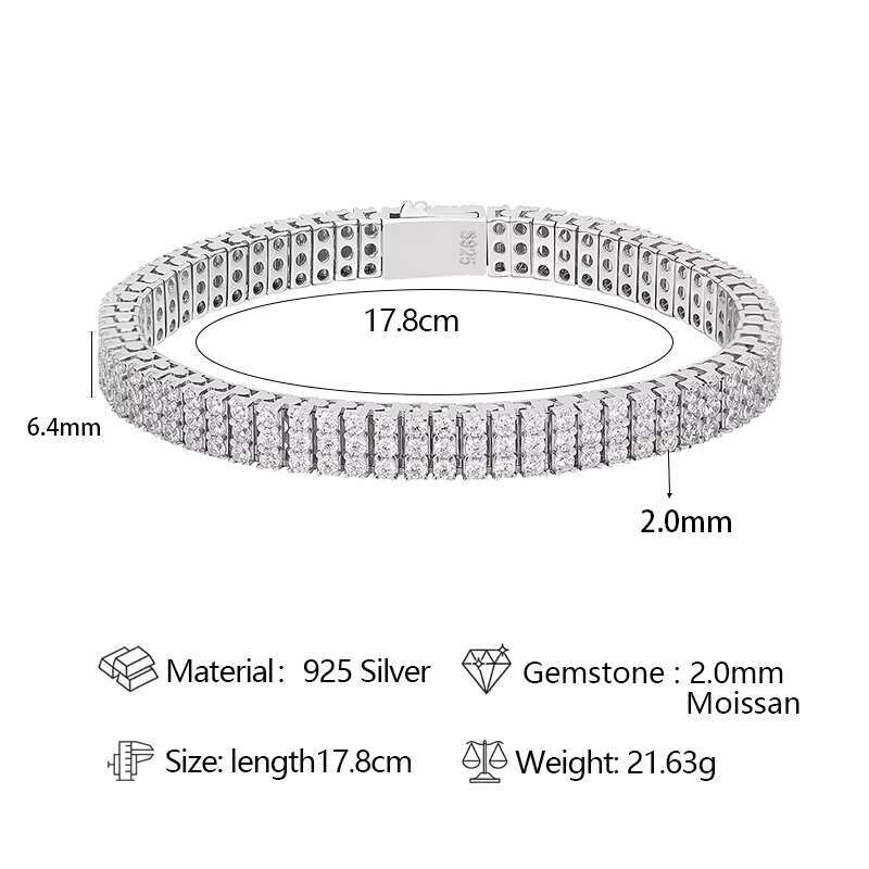 Unique Design Three-row White Moissanite Tennis Chain Ice Crystal 925 Silver Bracelet Hip-hop Style Mens Diamond Bracelet