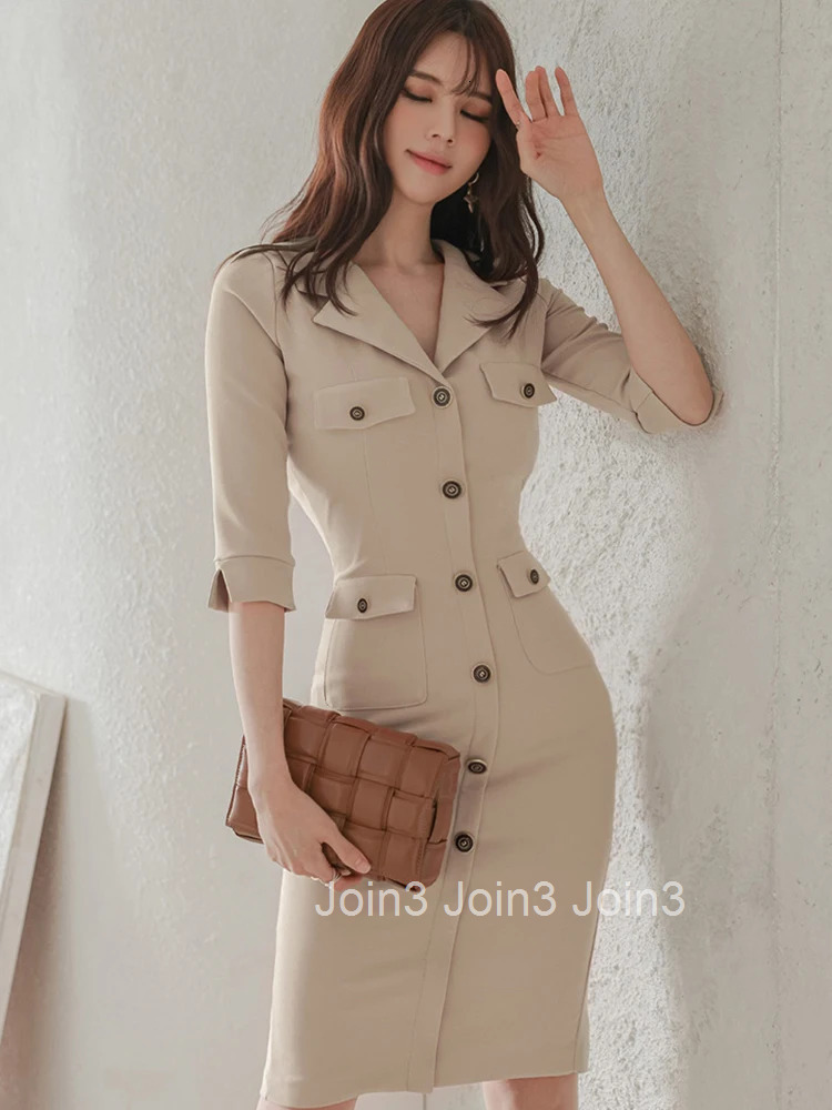 Women Clothes Formal Blazer Solid Three-Quarters Sleeve Slim Midi Pencil Dress Elegant Ladies Vintage Commute Vestido Work Style
