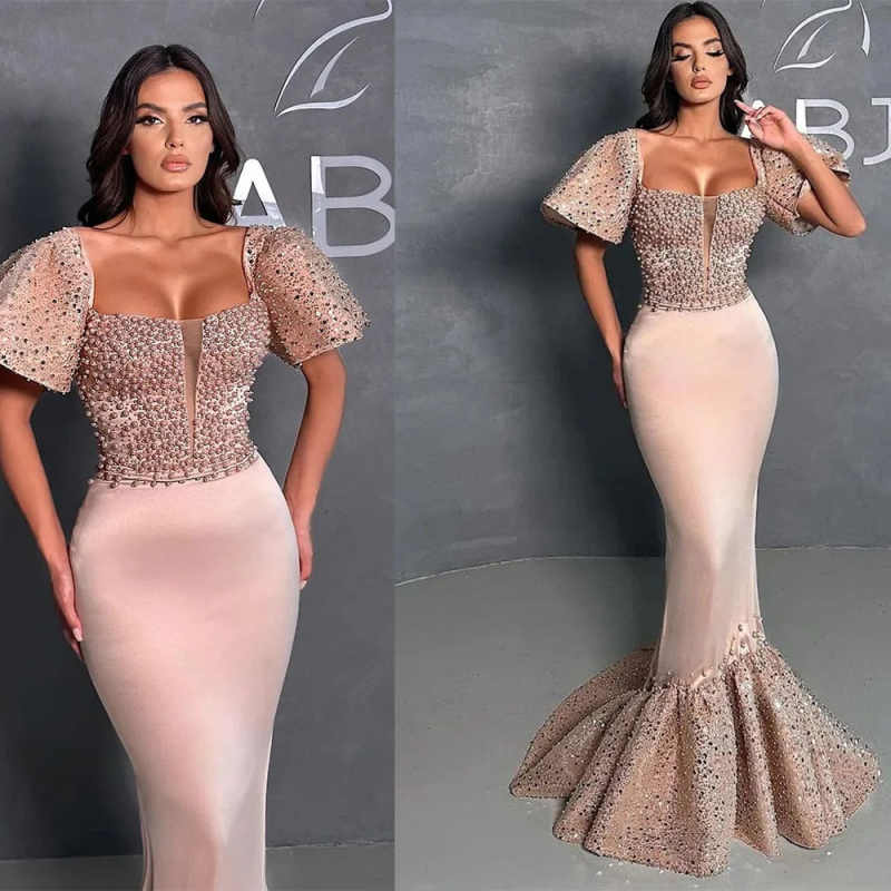 Gorgeous Pearls Mermaid Evening Dress Square Neck Short Sleeve Prom Gowns Sheath Beaded Floor Length Formal Dresses Customized