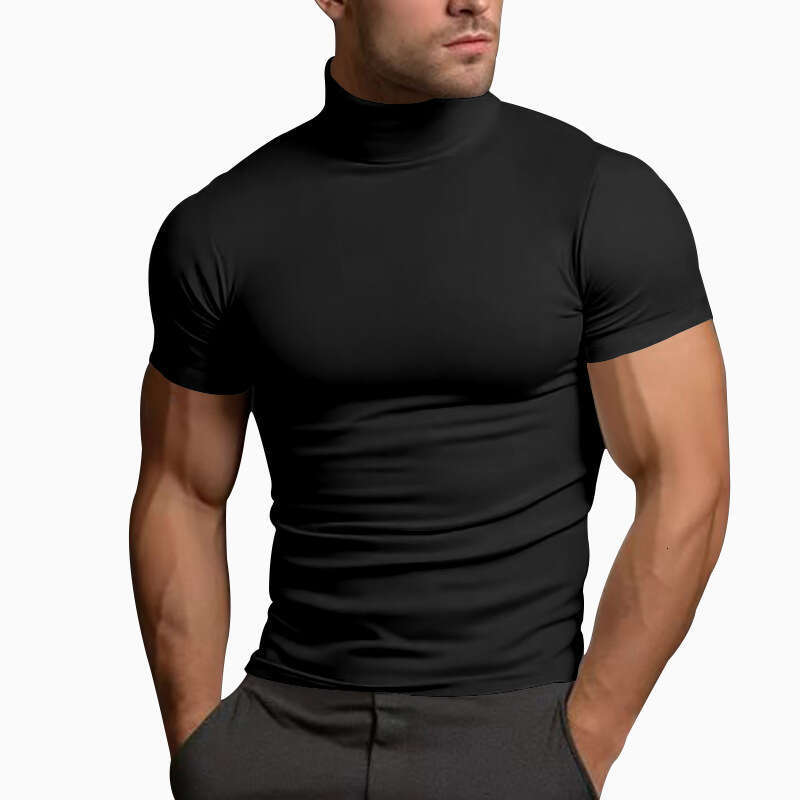 Cross-border In Stock 2024 Summer Solid Color Short Sleeve Fashion Base Shirt Men's Slim Fit High Neck T-shirt