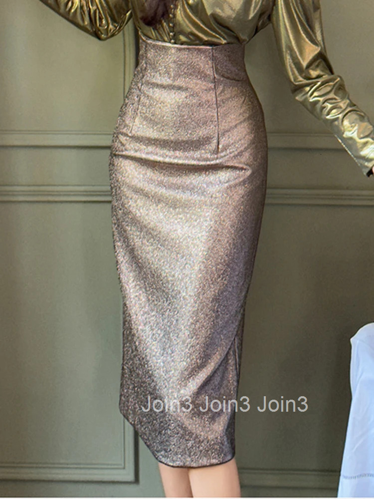 New Fashion Faux Leather PU Sparkly Glitter Slim Pencil Skirts Women Elegant Solid High Waist Wrap Hip Skirt Outfits Party Prom