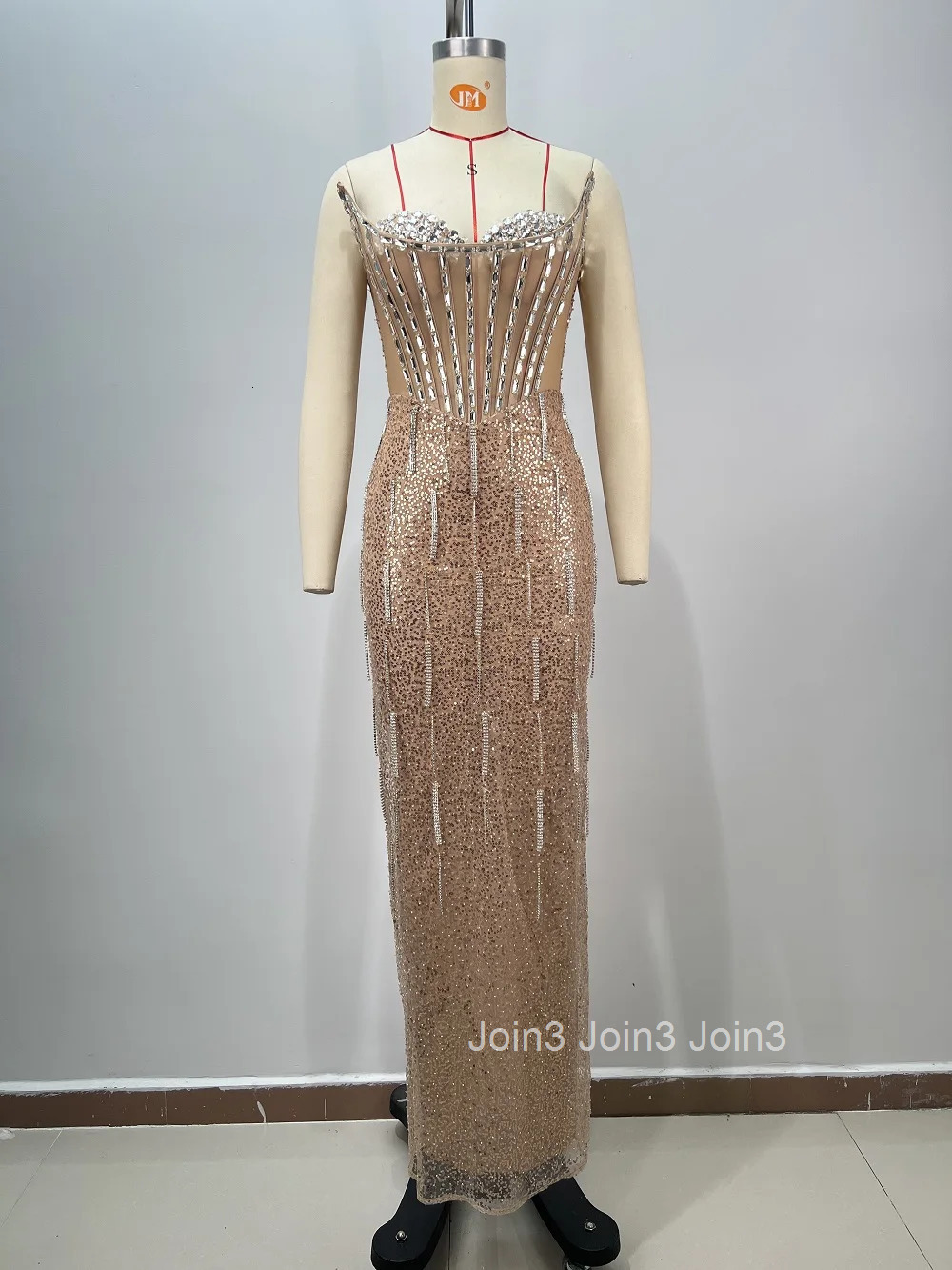 Luxury Diamonds Decorations Long Backless Slim Dress Chic Womens Clothing Elegant Golden Strapless Sequins Evening Party Gown