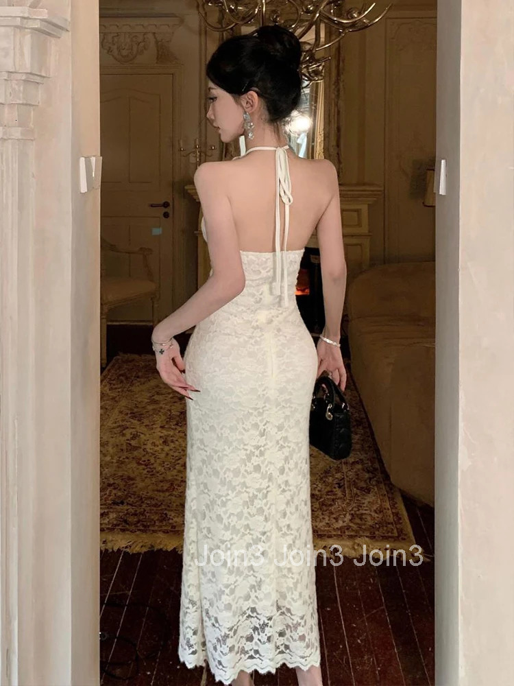 Women Clothes Sweet Lace Floral Sheer Sexy Halter Backless Slim Maxi Long Dress Elegant Ladies Fashion Party Prom Vestidos Robe