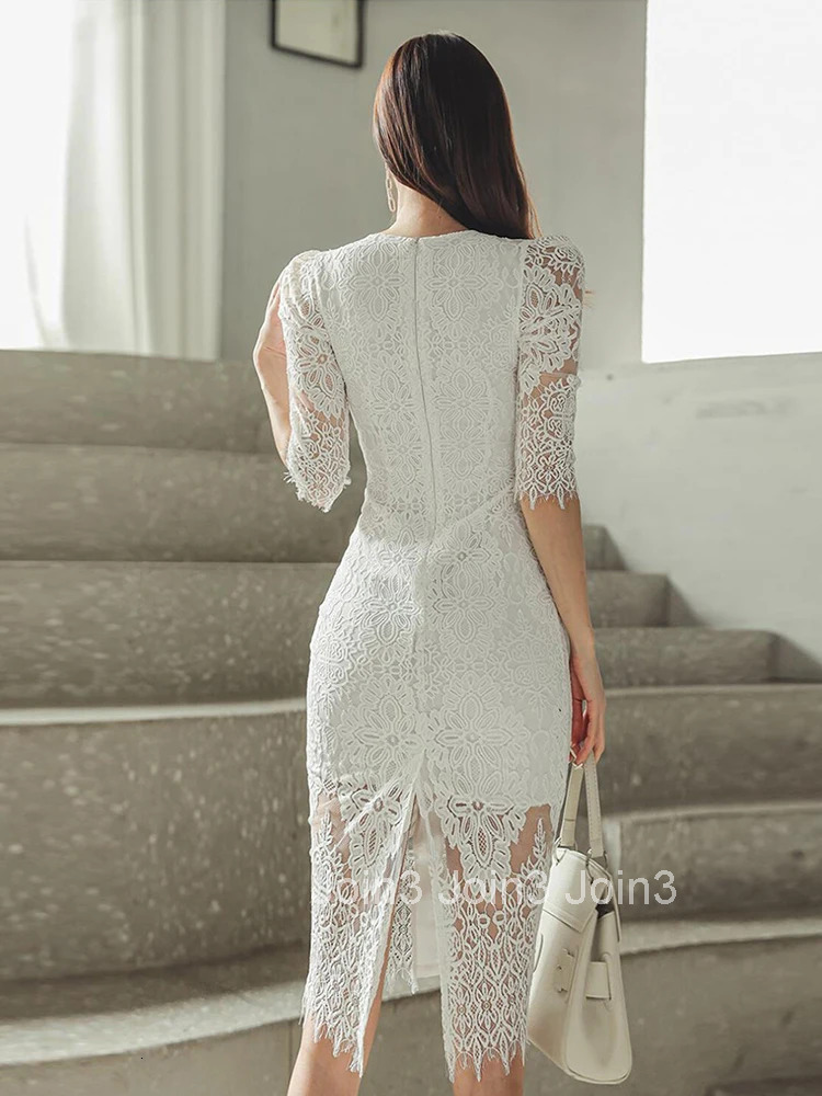 New Korean Fashion White Lace Long Pencil Dress Women Clothes Elegant Sheer V-Neck Slim Midi Party Prom Robe Femme Mujer Vestido