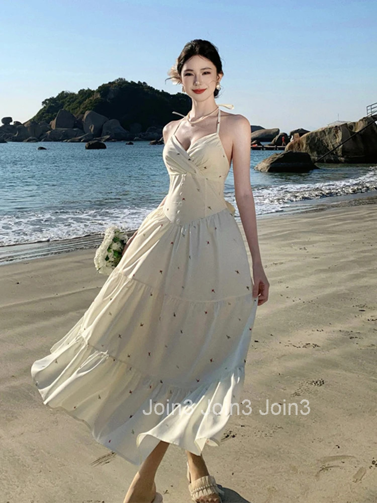 Women Vacation Clothes Sweet Print Sexy Halter Backless A-Line Maxi Long Dress Elegant Fashion Party Prom Vestido Robe Beach New