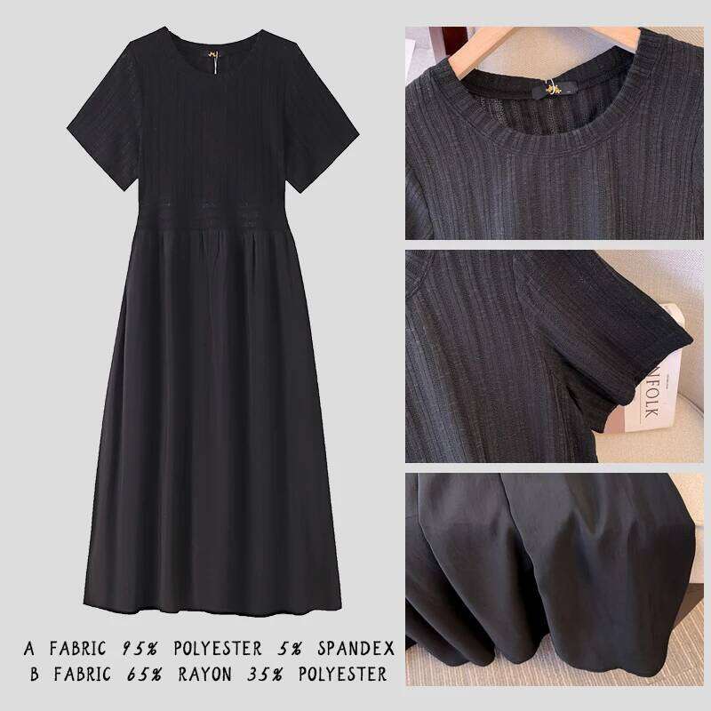 Plus Size Women's Summer Casual Dress Black Patchwork Design Skirt Loose Comfortable Breathable Fashion Commuter