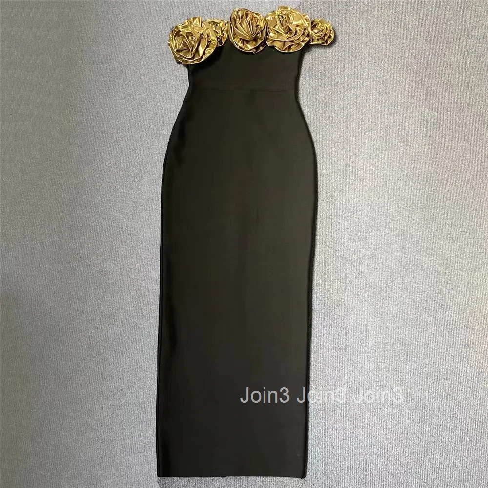 Summer Chic Black Bandage Dress For Women Elegant Evening Dinner Party Gown Fashion Golden Flower Single Shoulder Long Vestidos