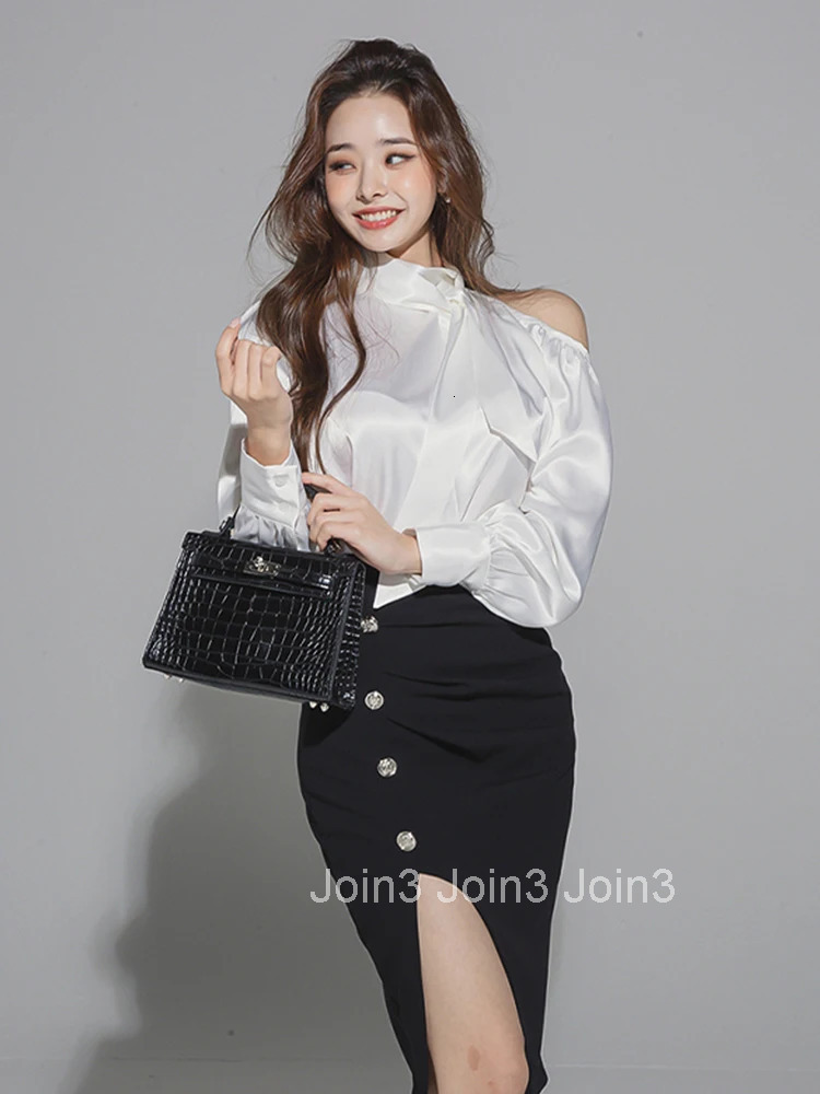New Arrival Work Style Women Sets Off Shoulder Loose White Shirt And Slim Sexy Pencil Skirt Elegant Formal Two Pieces Women Sets