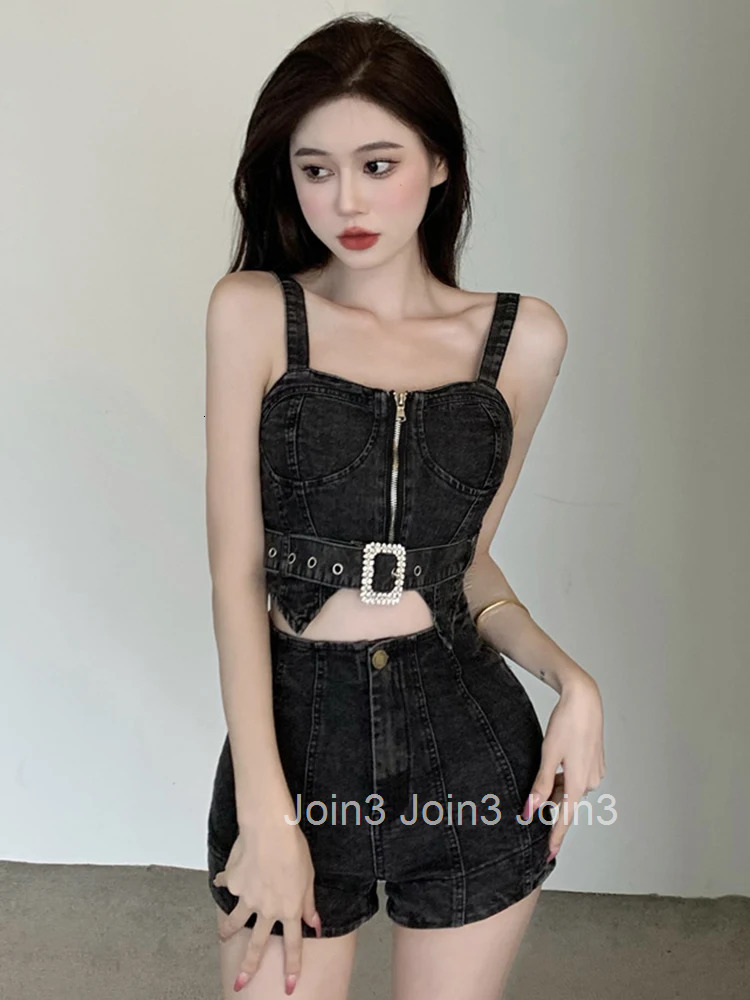Denim Sexy Club 2 Pieces Outfits Women Casual Strap Backless Short Cropped Tops Shirt Blouse Shorts Femme Mujer Slim Sets Summer