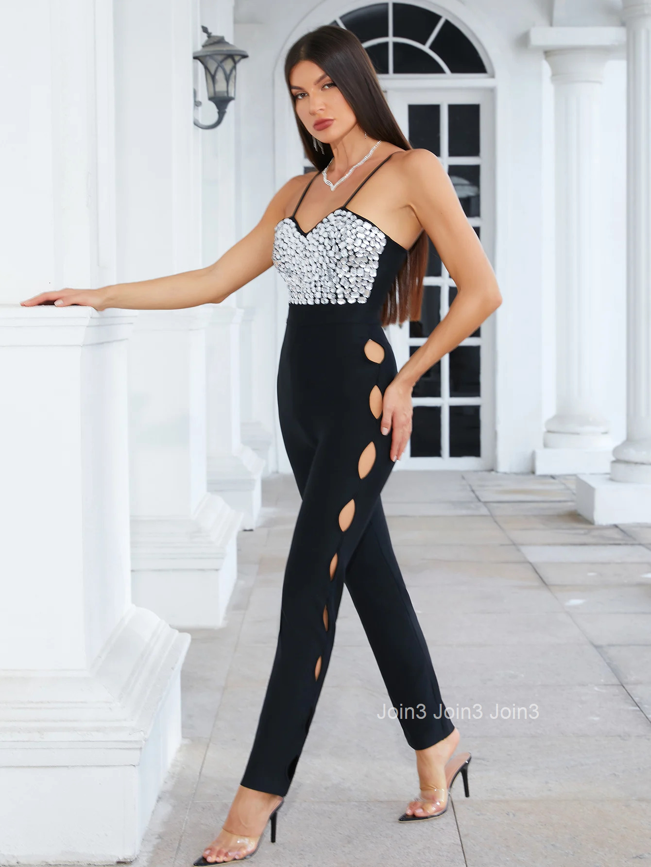 2025 Summer Black Sequin Jumpsuit Womens Elegant Embellished Top Evening Party Wear Slim-Fit Chic Club Dinner Romper